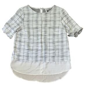 ELLE Tweed w/ White Chiffon Faux Layering Detail Ruffle Sleeve Blouse Medium